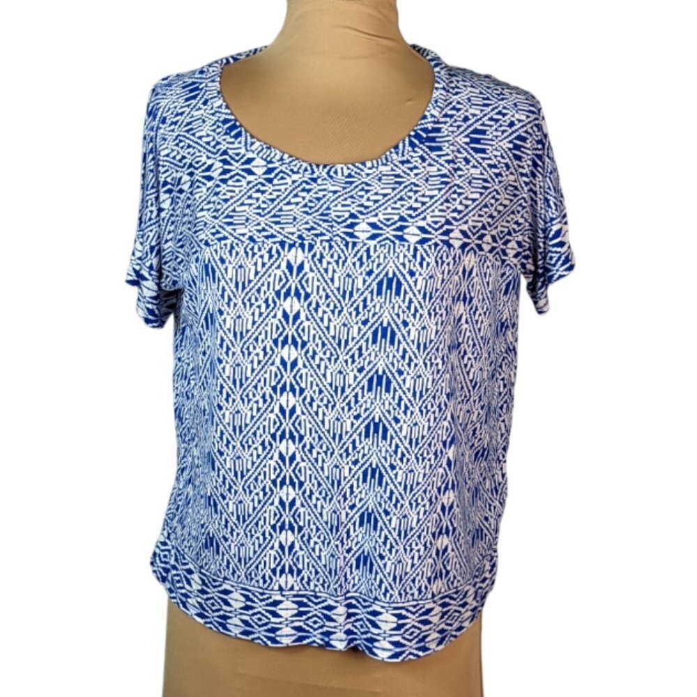 OLD NAVY Aztec Print Round Neck Short Sleeve T-Shirt Blue and White Size Medium
